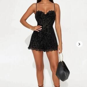 Fashion NovaBlack Velvet Burnout Lace Romper  Adjustable Strap Lined NWT